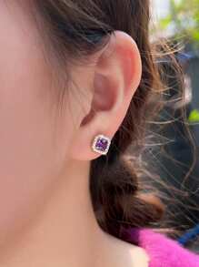 1 Pair 925 Sterling Silver Purple Amethyst Cubic Zirconia Square Stud Earrings For Women, Fine Jewelry Wedding Bridal Party Accessories, Holiday Gift