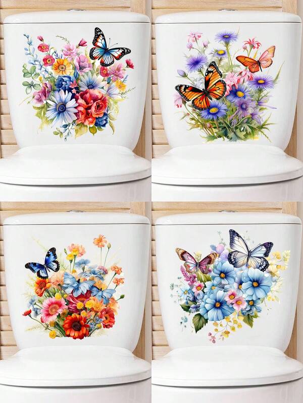 1pc Butterfly Flower Toilet Stickers, Bathroom Wall Decor Butterflies Art Toilet Lid Decals Removable Self-Adhesive Vinyl Wall Decals Peel And Stick Wall Stickers For Bathroom Restroom WC Bathtubs Door Furniture Home Decoration