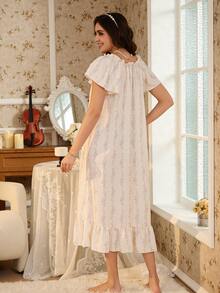 RS Pajama1 Ladies Floral Printed Ruffle Hem Bow Accent Sleep Dress - Apricot - View 3