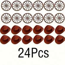 24 件迷你牛仔派对套装，迷你幸运牛仔帽和迷你卡车轮西部主题派对塑料迷你帽子和马车轮礼品装饰 - 彩色 - 查看 10