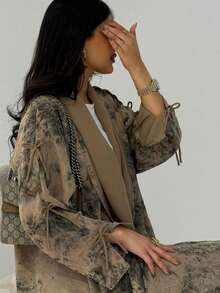 Women's Long Chiffon Printed Abaya With Headscarf, Long Sleeve Robe - Apricot - View 4