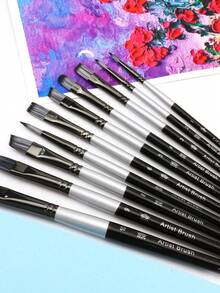 opeth 10pcs Pearlescent White Wooden Handle Nylon Hair Art Brush, Multi-Purpose Nylon Bristle Brushes Suitable For Watercolor, Gouache, Acrylic, Oil Painting,Back To School,School Supplies