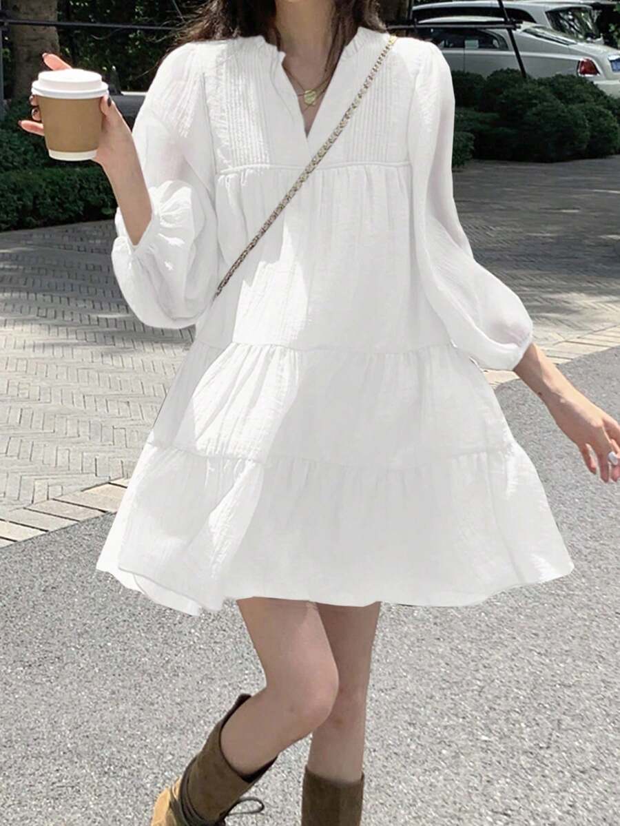 Gal Fashion 褶皱 V 领长袖迷你连衣裙 - 白色 - 查看 1