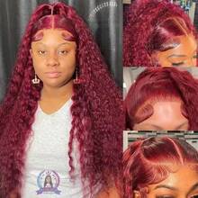 Burgundy Curly 13x4 Hd Lace Frontal Wig Human Hair Brazilian 13x4 Water Deep Wave 99J Red Colored Wig For Women 30 34Inch - S99J - 查看 10