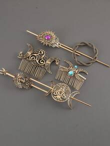 1件复古金属日月宫廷图腾波西米亚锌合金发夹发髻器发饰，四季皆宜，发髻发饰，发型发夹，发饰，头部饰品 - 彩色 - 查看 9