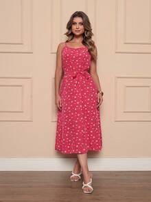 Women's Long Strap Dress | Crepe With Elastec L Flower I Off The Shoulder. - 玫紅色 - 查看 3