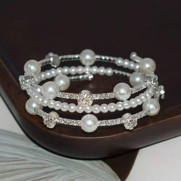 1pc Elegant Diamond Faux Pearl Bracelet, Women Cuff Bracelet, Holiday Gift