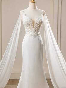 New Floral Mesh Mermaid Hem Splice Ribbon Maxi Elegant Wedding Dress