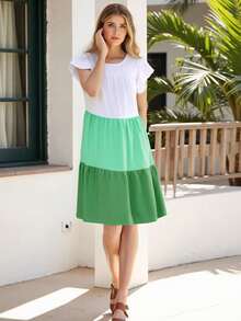 Women Contrast Color Midi Dress Loose Ruffle Sleeve Round Neck Tiered Ruffle Dress Casual Summer Clothes - màu xanh lá - Xem 9