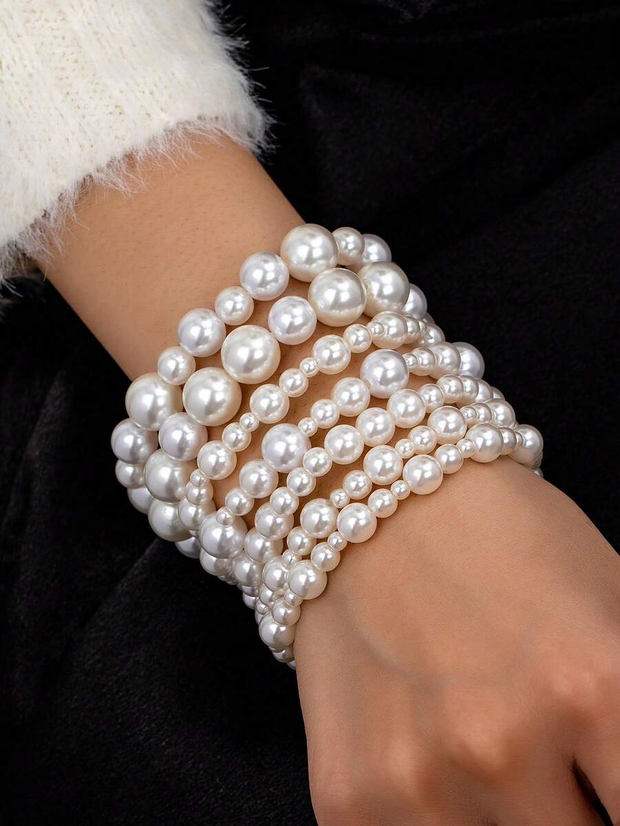 1pc New Arrival Elegant & Charming Asymmetrical Pearl Decor Layered Chain Bracelet/Hand Accessory, Suitable For Mother's Day Wear - White - View 1