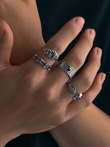 4pcs/Set Dark Skull, Rose Flower, Devil Eye Punk Style Rings Set For Men - Silver - View 2