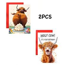 1 pezzo/2 pezzi Biglietti di auguri divertenti per il compleanno con mucca delle Highlands - Design ilare "Holy Cow!", ottimo regalo per gli amanti degli animali della fattoria, lui/lei, amici e familiari - cartoncino di alta qualità, piacevole al tatto, regalo per il padre/papà