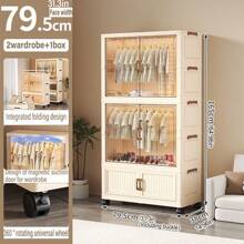 Foldable Transparent 2-Door Children Wardrobe With Drawers, Storage Cabinet Organizer Rack, No Assembly Required