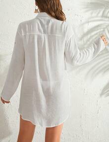 Mujer Traje de Baño Cubierta Botón Abajo Playa Blusa Manga Larga Bikini Cubierta Camisa para Vacaciones - Blanco - Ver 4