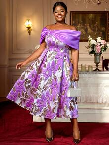 Purple Jacquard A Line Party Dresses Off Shoulder Big Bow Event Birthday Wedding Guest Plus Size Gowns Back To School - 紫色 - 查看 4