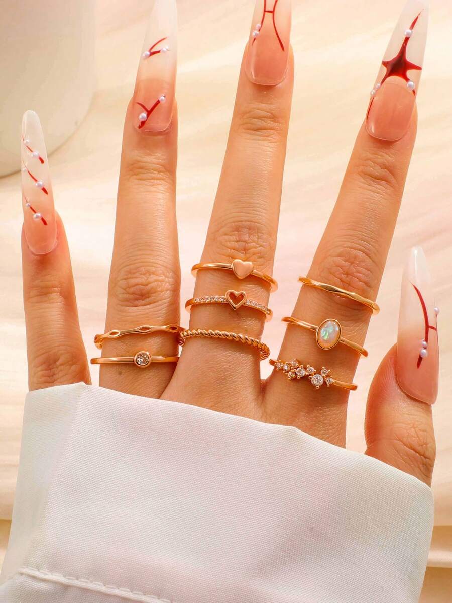 FUNEIA 8PCS/Set 14K Gold Plated Stackable Rings - Dainty Cubic Zirconia Heart & Plain Band Stacking Rings For Women, Non-Tarnish Everyday Jewelry Gift - Rose Gold - View 1