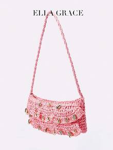 ELLA GRACE-Crochet Cross Body Bag, Sweet, Fashionable, Lightweight And Stylish, Suitable For Vacations, Commuting And Daily Use. - Pink - View 4