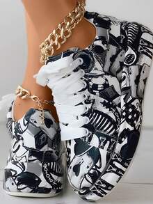 Women's Colorful Graffiti Print Low-Top Sneakers - Breathable Synthetic Cover Casual Shoes With Rubber Sole, Lace-Up Design, All-Season Comfort For Casual Attire, Casual Sneakers | Playful Design Shoes | Durable Casual Shoes - 灰色 - 查看 3