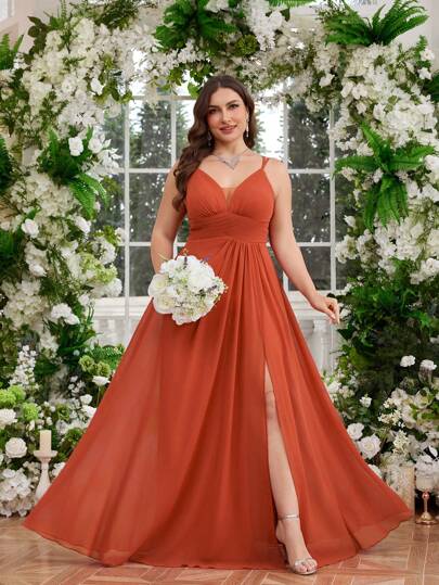 UNITHORSE Vestido de tirantes finos con volantes cruzados en la cintura y abertura alta para tallas grandes, vestido de encaje retazos para boda/evento, vestido de dama de honor