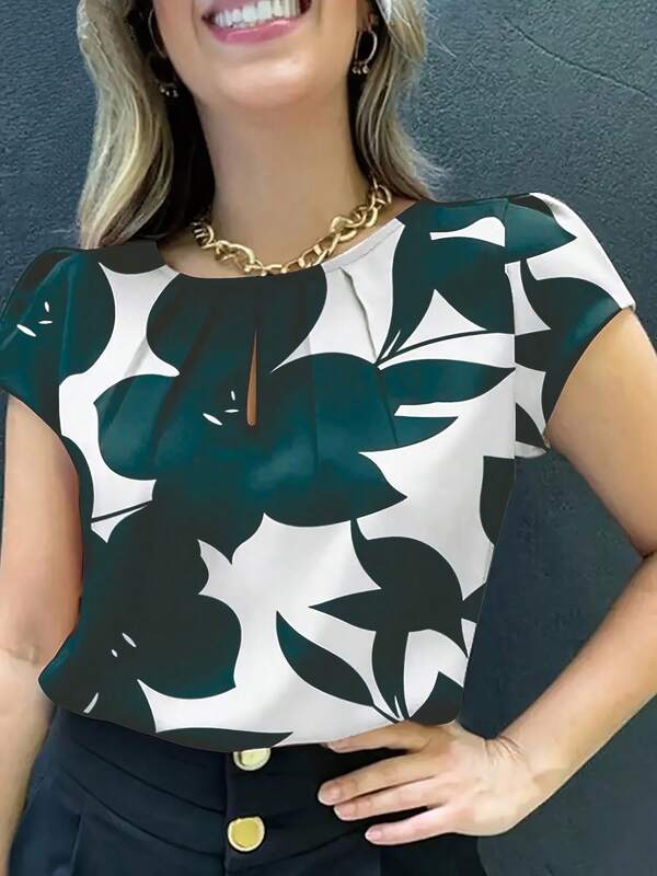 Women's Random Print Short Sleeve Shirt - Casual Round Neck, Loose Fit, Polyester Blouse For All Seasons
