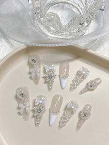 10pcsPure Handmade Sparkling French Fine Sparkling Faux Pearl Lines Exude A White Temperament, High-End Wearable Nail Art Press On Nails Nail Supplies - Multicolor - View 3