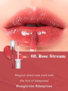 Rom&nd Romand GLASTING WATER TINT 08 玫瑰溪流，透气水润薄膜，轻盈亮泽妆效，珠光渐变技术，蜜桃茶啫喱光泽，玫瑰金星尘薄纱，冰霜薄荷氧气光泽，迷你SOS补妆棒，纯素假日限量版，裸妆轻盈秘密，韩妆，4克/0.14盎司 - 08 ROSE STREAM - 查看 3