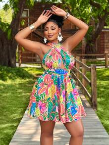 BIUBIU 大码女式夏季热带植物印花露背抹胸镂空无袖短裙，适合度假旅行（随机花卉图案）优雅 - 黃粉紅色 - 查看 3