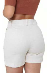 Short de Linho com Bolso Frontal e Botão  Simples  Casual  elegante  Linho  Bolso  Botão  Zíper    Short de Linho com Bolso Frontal e Botão  Noite  Feriado  Diário  Festa de aniversário  Formal e Noturno  Regresso a casa