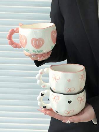 1pc Ceramic Coffee Mug With Pearl Handle, Cute Butterfly Design Ceramic Teacup, Rimmed Breakfast Cup For Home, Suitable For Cold Drink In Summer And Hot Drink In Winter, Suitable For Various Occasions