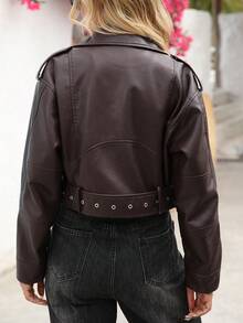 Women's Simple Solid Color Zipper Short Jacket, Daily Wear - Chocolate Brown - View 9