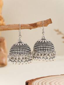 1 Pair Vintage Jhumka Earrings With Intricate Palace Pattern & Tassel Design, Suitable For Women To Wear Daily, Festival, Wedding And Party - Multicolor - View 9