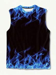 Plus Size Men's Casual Flame Print Tank Top, Sportswear T-Shirt Suitable For Outdoor & Streetwear