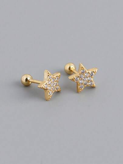 1 Pair 925 Sterling Silver 18K Gold Plated Cubic Zirconia Star Stud Earrings, Elegant Everyday Wear Jewelry Gift For Women, Valentine's Day