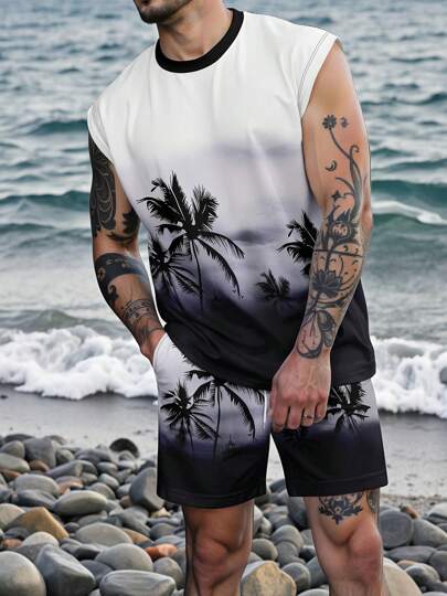 Men's Casual Palm Tree Print Sleeveless Tank Top Set, Vacation Outfit