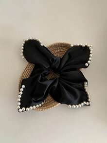 2件套法式珍珠缎面方巾发圈，优雅别致发饰，2025新款 - 黑與白 - 查看 8