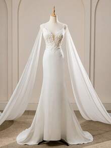 New Floral Mesh Mermaid Hem Splice Ribbon Maxi Elegant Wedding Dress