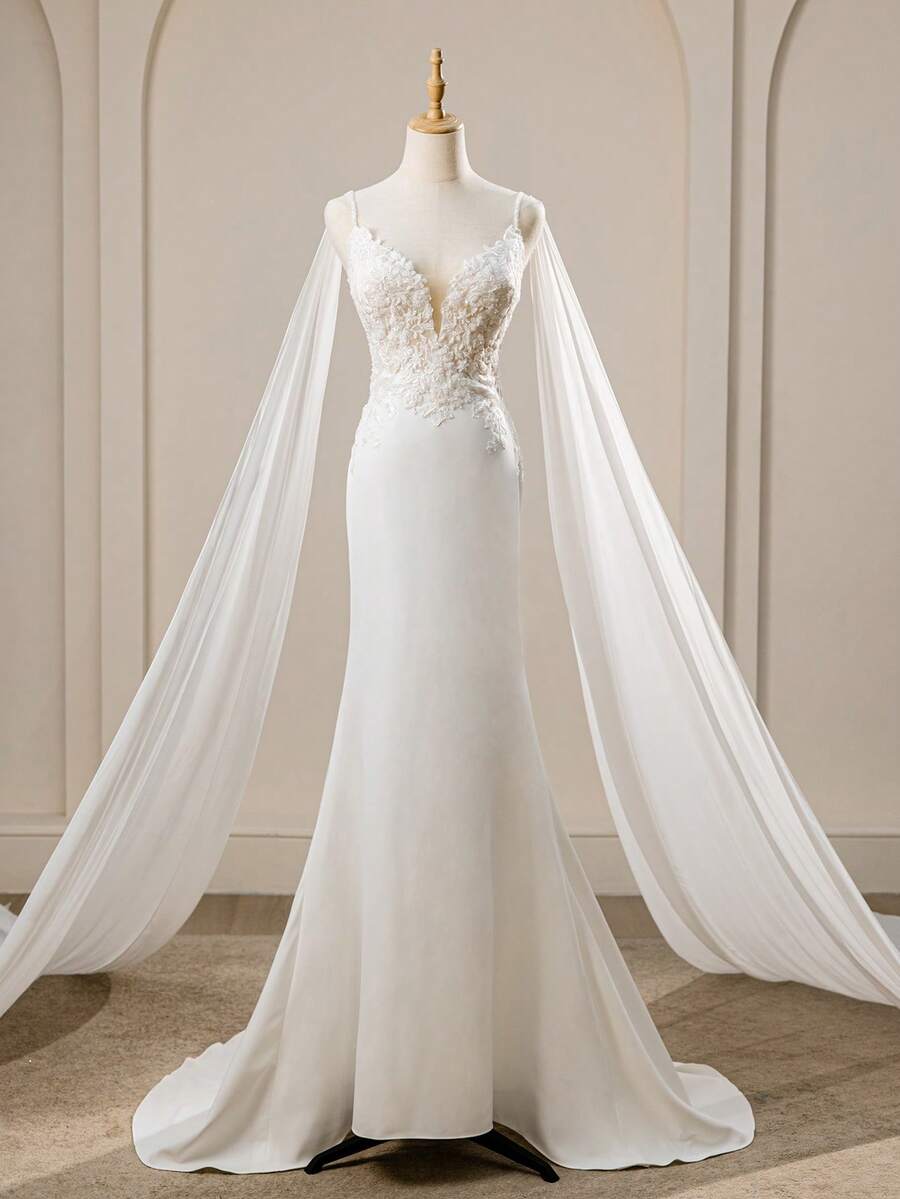 New Floral Mesh Mermaid Hem Splice Ribbon Maxi Elegant Wedding Dress