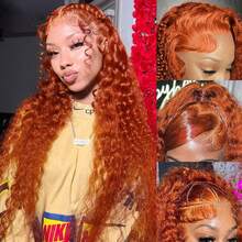 34 Inch Ginger Orange Lace Front Wigs Human Hair Deep Wave 13x4 HD Transparent Lace Frontal Wig For Women 250% Density Curly Wet And Wavy Lace Front Wigs Human Hair 350# Colored Glueless Wig - S350 - 查看 3