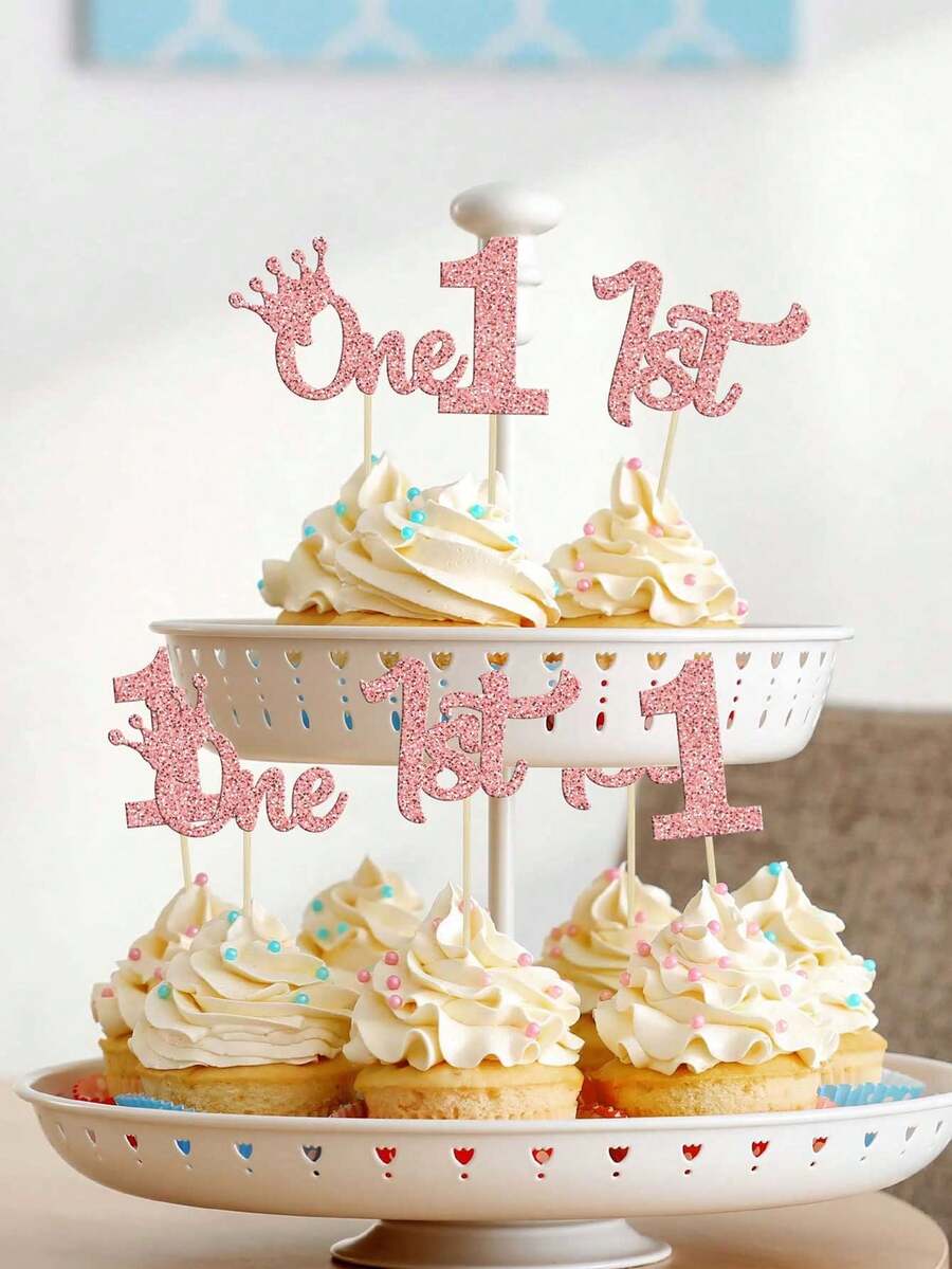 12 piezas Decoraciones para cupcakes de 1er cumpleaños Brillo Primer cumpleaños Uno Cupcake Toggle Para baby shower Fiesta de 1er cumpleaños Suministros para decorar pasteles Niños y niñas de 1 año Letras de inserción UNO Tarjetas de inserción Placas de inserción para decorar pasteles de fiesta de cumpleaños - Oro rosa - Ver 1