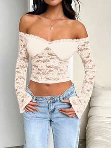 GAOVOT Women's Autumn Y2K Sexy Fitted One Shoulder Long Sleeve Lace Blouse - 杏色 - 查看 7