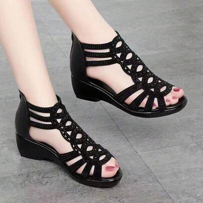 Chunky Heel Fashion Sandals, Versatile Outdoor Wedge Sandals, Fashionable Outdoor Ladies' Sandals, Elegant High Heel Sandals, Soft Bottom Roman High-Top Open Toe Sandals, Ladies' Rhinestone Short Boots, Mid-Heel Sandals, Hollow Out Back Zipper Ladies' Sandals