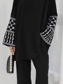 女士两件套宽松套装，2026春夏款，几何刺绣图案袖口设计 | 中东优雅两件套，时尚斋月长袍套装，优雅阿拉伯服饰 - 黑色 - 查看 10