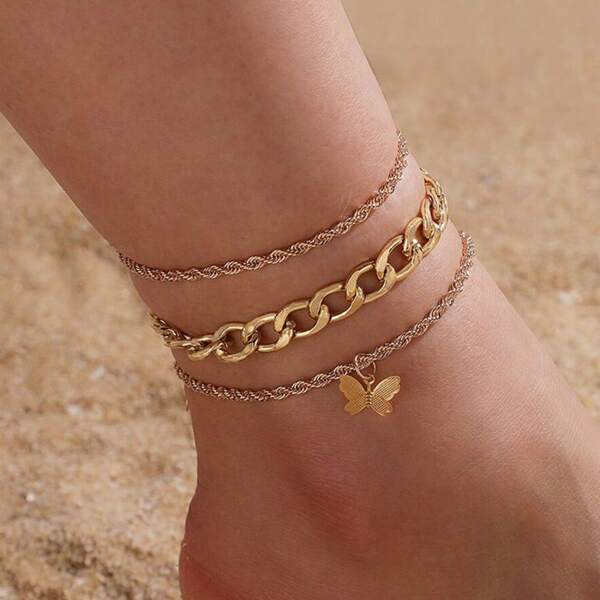 1-4pcs Simple Golden Decor Anklet Suitable For Daily Wear And Beach Vacation For Summer Vacation Travel Beach Party,Gold Jewelry