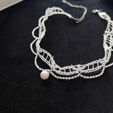 1pc Fashionable, Simplistic & Charming Lolita White Lace Hollow Pearl Pendant Choker Necklace, Suitable For Daily Wear