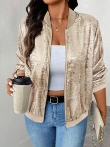 KeKe Wanli dames lichtgewicht bomberjack met rits en normale pasvorm, lange mouwen, casual, champagnekleurig, plus size modevest