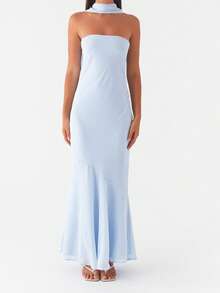 Women Y2k Floral Tube Maxi Dress With Scarf Sleeveless Strapless Backless Mesh Long Bodycon Dresses Formal Cocktail Sundress - 藍色 - 查看 2