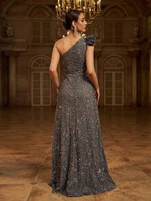 Missord Asymmetrical Neck Mermaid Hem Sequin Formal Dress Elegant Prom Evening Wedding Guest Gown, For Graduation, Dinner Party Dress - Dusty Blue - View 2