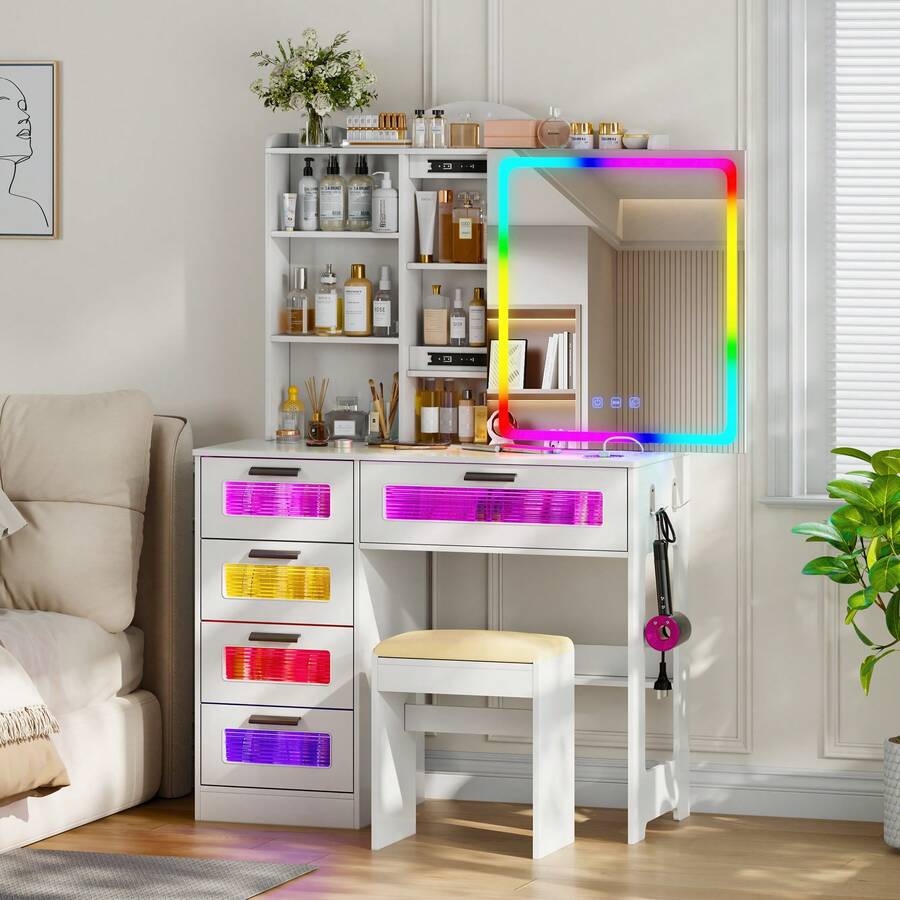 HNEBC RGB Makeup Vanity Desk With Wireless Charging Station,7 Dynamic And 7 Static Dimmable Vanity Table With Glass Desktop,Vanity Mirror With Lights Desk&Chair,8 Drawers,Stool - White - View 1