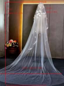 1 件手工花卉串珠大教堂新娘面纱，适用于婚礼、摄影道具、短注册处面纱，带发梳 - 米色 - 查看 5