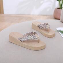 Women Elegant Beige Sandals With Woven Strap - Non-Slip EVA Sole, Mid Heel Thick Bottom, Fashion Outdoor Slippers, Casual Woven Sandals, Elegant Footwear For Summer